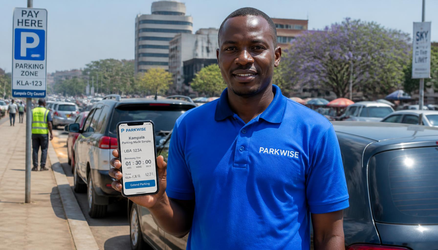 Parkwise attendant holding a phone showing an open parking ticket
